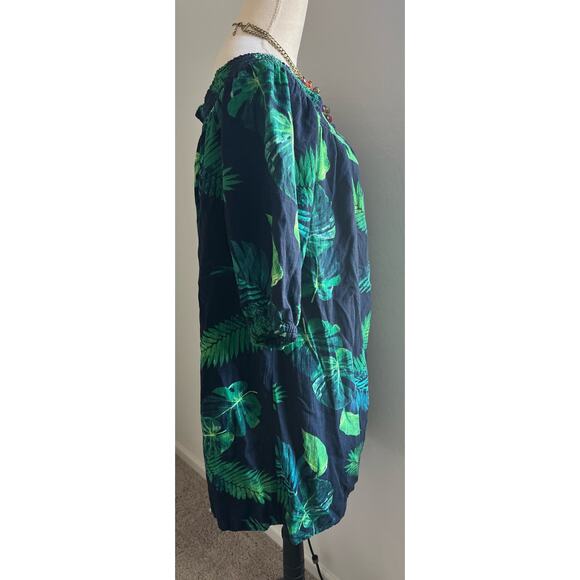 Old Navy 3/4 Sleeve Tropical Blue Green Ruffle Elastic Off Shoulder Dress Sz XL - Picture 4 of 8